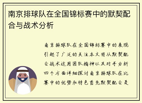 南京排球队在全国锦标赛中的默契配合与战术分析