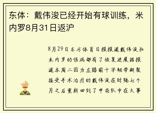 东体：戴伟浚已经开始有球训练，米内罗8月31日返沪